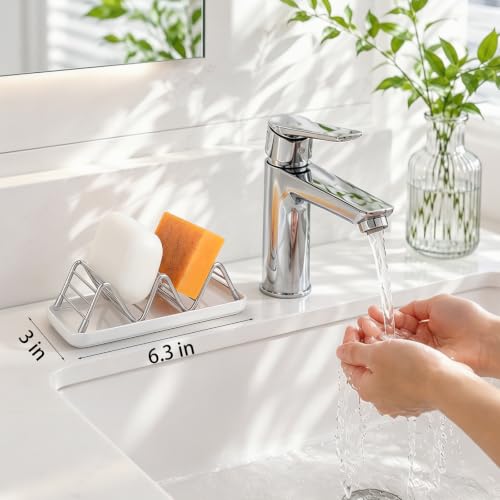 Stainless Steel Soap Dish Draining Soap Holder with Ceramic Tray, Silver | Reversible Design Fits 2-3 Bars, Rustproof, Easy to Clean, Space Saving, Non Slip, for Bathroom, Shower, Kitchen - color: Silver, size: 6.3" x 3.0"(with tray)