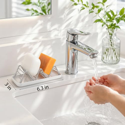 Stainless Steel Soap Dish Draining Soap Holder with Ceramic Tray, Silver | Reversible Design Fits 2-3 Bars, Rustproof, Easy to Clean, Space Saving, Non Slip, for Bathroom, Shower, Kitchen - color: Silver, size: 6.3" x 3.0"(with tray)