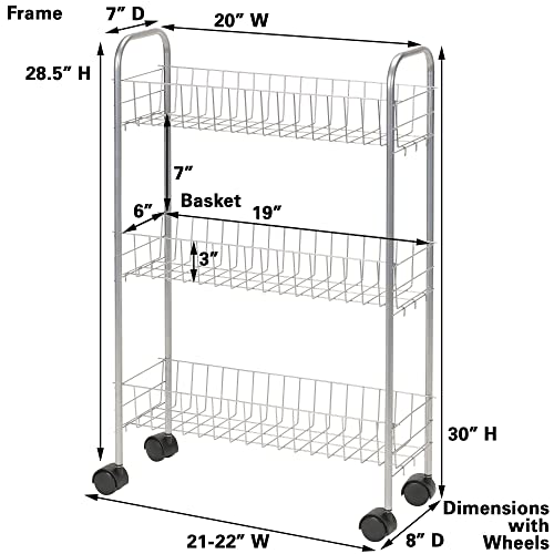 Household Essentials Slim Storage Cart, 3 Shelf Storage Cart with Wheels, Perfect for Laundry Rooms, Bathrooms, Pantries, Kitchens and More - style: 7" Silver - Basic