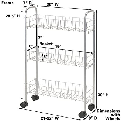 Household Essentials Slim Storage Cart, 3 Shelf Storage Cart with Wheels, Perfect for Laundry Rooms, Bathrooms, Pantries, Kitchens and More - style: 7" Silver - Basic