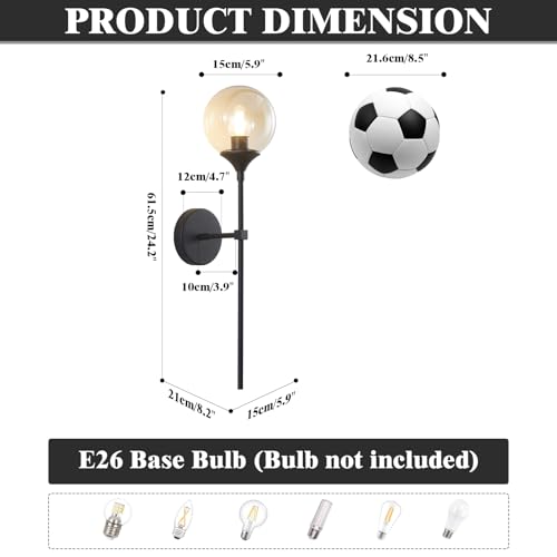 KCO Lighting Mid Century Modern 1-Light Wall Sconce Lighting Set of Two Matte Black Globe Vanity Wall Light Fixture Set of 2 Amber Glass Bathroom Wall Lamp Industrial Long Pole Wall Sconce - color: Black+Amber