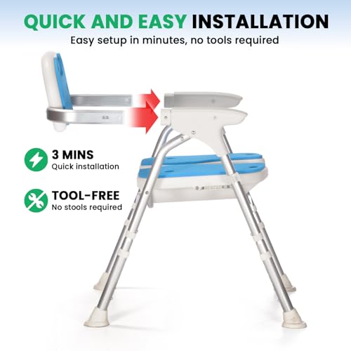 Heavy Duty Foldable Shower Chair for Elderly and Disabled, 500 LB Capacity | Adjustable Bath Seat for Inside Shower with Arms and Back, Extra Wide Shower Stool with Suction Feet