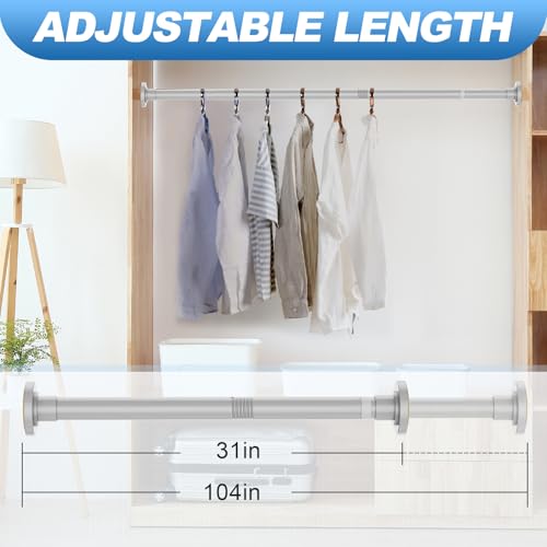 CorkLatta Silver Shower Curtain Rod 31 to 104 Inch,1 Inch Diameter Adjustable Spring Tension Curtain Rod No Drilling Stainless Steel Telescoping Rod,No Rust | 1 Inch Diameter Stainless Steel Tension Curtain Rod Non slip, No Drill Shower Rods for Bathroom,