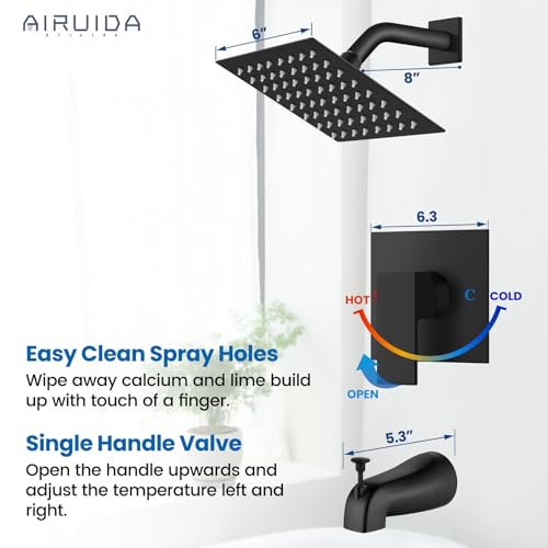 Airuida 6 Inch Shower Faucet Set,Bathtub Faucet Kit,Matte Black | Shower Tub Faucet Set,Male Threads Rough-In Valve,Square Head Shower System - color: Black, size: 6 Inch