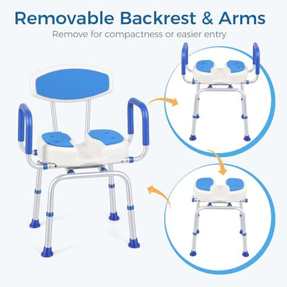 FAHKNS Swivel Senior Bathing Chair with Arms & Back, 400 LBS Heavy Duty U-Shape Seat, Height Adjustable Safety Bath Seat for Tub, Elderly & Disabled - color: Blue