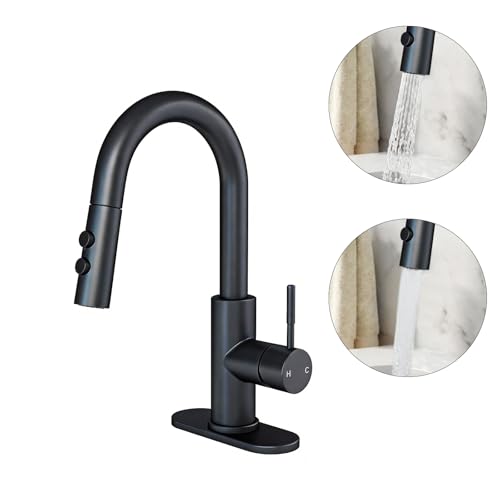 Bathroom Faucets with Pull Down Sprayer, Bar Sink Faucet Single Hole for Kitchen Campers with Pop-Up Drain Hose, Suitable for Farmhouse Vanity Lavatory - color: Matte Black, style: Pull Down