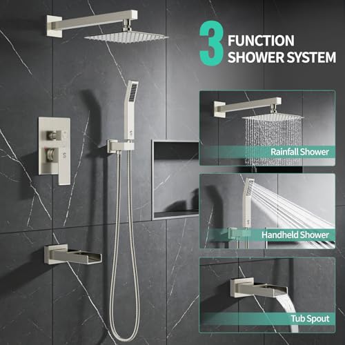 SR SUN RISE 8 Inch All Metal Square Shower System with Tub Spout, Tub Shower Faucet Set, High Pressure Rain Shower Head and Handheld Sprayer Shower Fixtues, Valve Included, Brushed Nickel - color: Brushed Nickel, size: 8 Inch
