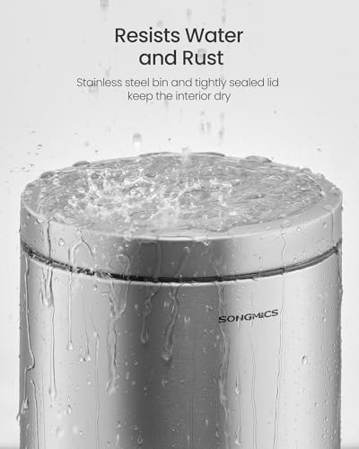 SONGMICS Bathroom Trash Can, 1.6 Gallon (6 L) Small Toilet Garbage Bin with Lid, Soft-Close, Stainless Steel, Pedal, Inner Bucket, Bedroom, Metallic Silver ULTB016EZ01 - color: Metallic Silver