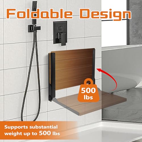 Folding Shower Seat 20'', Large Teak Shower Seat, Folding Shower Bench, Wall Mount Foldable Chair, 500 lbs Capacity, Stainless Steel, Black - color: Black