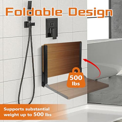 Folding Shower Seat 20'', Large Teak Shower Seat, Folding Shower Bench, Wall Mount Foldable Chair, 500 lbs Capacity, Stainless Steel, Black - color: Black