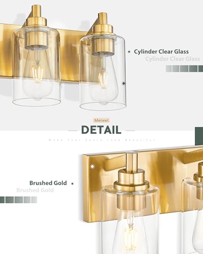 4-Light Brushed Gold Bathroom Vanity Light, Clear Cylinder Glass | 24.5" modern bathroom light fixtures over mirror, E26 base, bulbs not included, VL143-BG-4 - color: Brushed Gold, Cylinder Glass Shade, size: 4-light