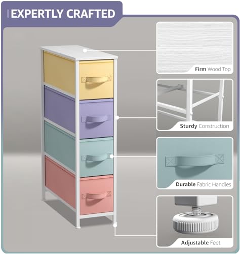 Sorbus Kids Narrow Dresser with 4 Drawers - Vertical Slim Storage Chest of Drawers with Steel Frame, Wood Top & Easy Pull Fabric Bins for Small Spaces, Closets, Bedroom, Bathroom & Laundry - color: Pastel, style: 4 Drawer