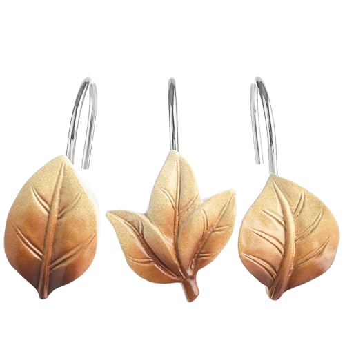 Brown Plant Leaf Shower Curtain Hooks,Eucalyptus Bathroom Decor,12PCS | Cute Decorative Leaves Shower Curtain Rings,Metal Rustproof,Easy Installation,Smooth sliding - color: Brown
