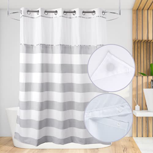 71“W x79”H Long Fabric Shower Curtain No Hooks Needed with Polyester Magnet Snap-in Liner–Silver Grey Top See Through with Mesh Window Waterproof Heavy Duty - color: White&light Grey, size: 71"W x 79"L (Pack of 1)