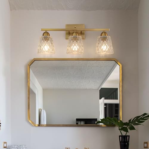 Mecgirn Stainless Steel Bathroom Vanity Light Over Mirror, 3 Light Brushed Gold Bathroom Light Fixtures with Textured Glass Shades, Modern Vanity Lighting Wall Mount - color: Brushed Gold, size: 3 Light