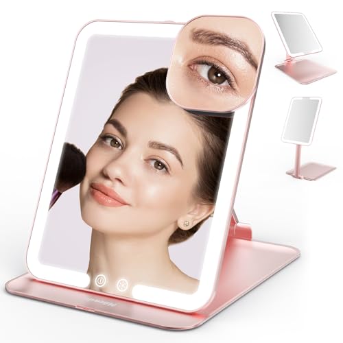 Mocado Travel Makeup Mirror with Light, Foldable Lighted Makeup Mirror | 8x6 Inches, 3 Colors Lighting, Height & Angle Adjustable, 0-100% Brightness, 2000mAh Rechargeable,Memory Function(Rose Gold) - color: Rose Gold, size: 8"L x 6"W