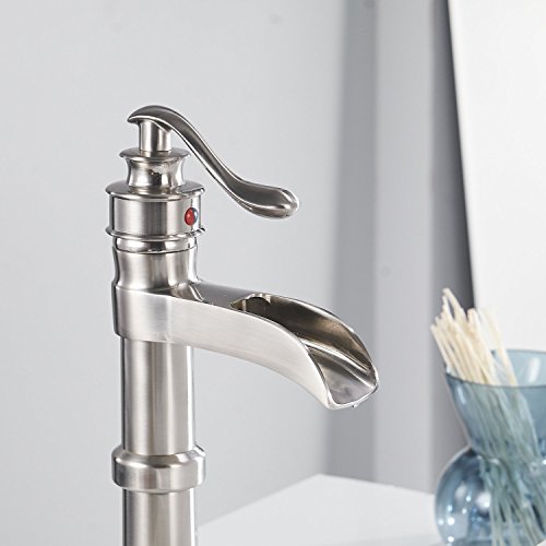Bathroom Sink Faucet Brushed Nickel Vessel Sink Faucet | Waterfall Spout,Single Handle 1 Hole, Deck Mount ,Tall Faucet for Bowl Lavatory Sink,with Supply Hose - color: Brushed Nickel