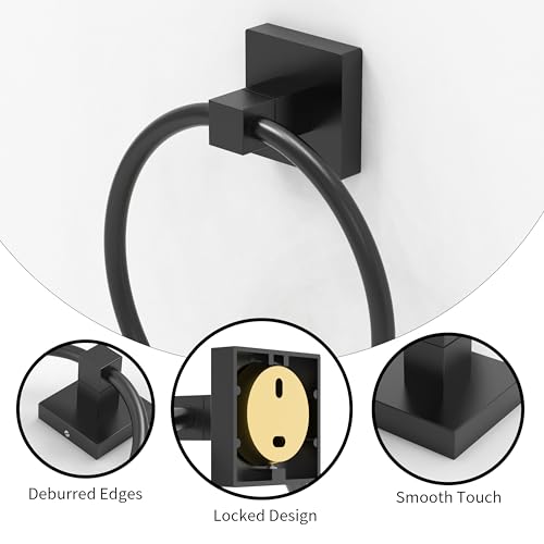 RUACQ Towel Ring, Hand Towel Holder for Bathroom Wall, Matte Black | Wall Mounted Hand Towel Bar, 304 Stainless Steel Towel Hanger, Square Base, Round Towel Holder Design, Modern, Heavy Duty - color: Black, size: 1