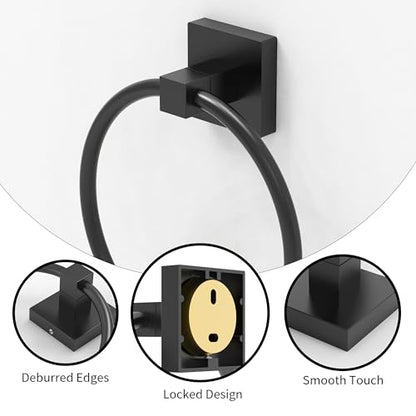 RUACQ Towel Ring, Hand Towel Holder for Bathroom Wall, Matte Black | Wall Mounted Hand Towel Bar, 304 Stainless Steel Towel Hanger, Square Base, Round Towel Holder Design, Modern, Heavy Duty - color: Black, size: 1