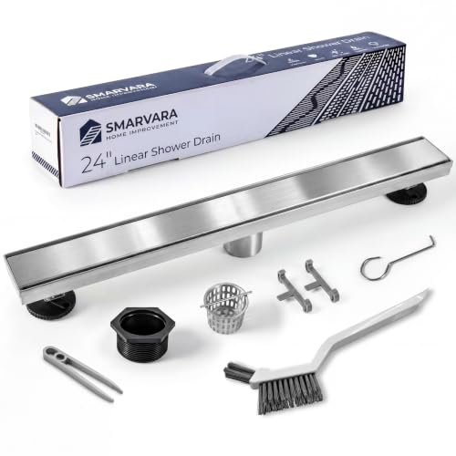 Linear Shower Drain 24 inch with 2-in-1 Flat & Tile Insert Cover - Brushed 304 Stainless Steel Shower Floor Drain - Linear Drain with Reversible Cover & Hair Catcher - Includes Cleaning Tools - color: Brushed Stainless Steel