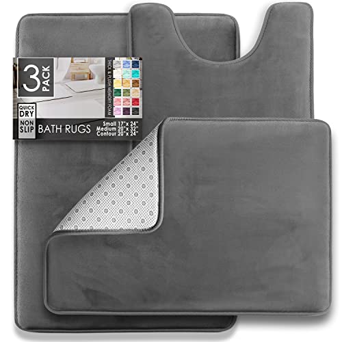Clara Clark 3 Piece Bathroom Rugs Bath Mat Set, Velvet Memory Foam Bath Mats for Bathroom - Non-Slip, PVC Backing Bath Rugs, Washable - Dries Quickly, Grey - color: Dark Grey