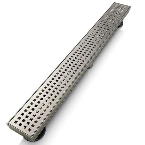 WEBANG 24 Inch Linear Shower Drain Rectangular Floor Drain with Accessories Square Hole Pattern Cover Grate Removable SUS304 Stainless Steel CUPC Certified Brushed Nickel - color: Brushed Nickel, size: 24 Inch