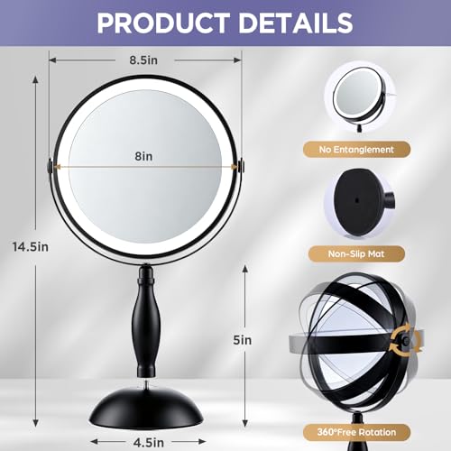30X Magnifying Mirror with Lights-Matte Black 8" Dual Sided | (1X/30X) Lighted Makeup Mirror, 360° Swivel, 5000mAh Rechargeable Side Touch & Side Charging, 3 Colors & Dimmable Brightness - color: Matte Black
