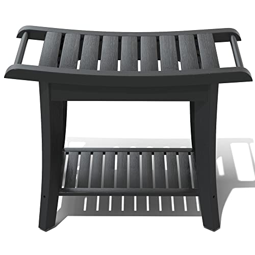 Bamboo Shower Stool Bench Waterproof with Storage Shelf for Shaving Legs or Spa Bath Seat in Bathroom & Inside Shower for Adults Seniors Elderly (24 x 13.4 x 18.5 inches+Black) - size: 24 x 13.4 x 18.5 inches+Black