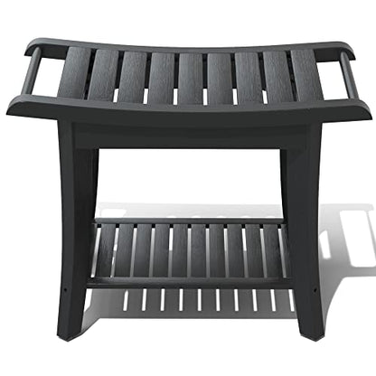 Bamboo Shower Stool Bench Waterproof with Storage Shelf for Shaving Legs or Spa Bath Seat in Bathroom & Inside Shower for Adults Seniors Elderly (24 x 13.4 x 18.5 inches+Black) - size: 24 x 13.4 x 18.5 inches+Black