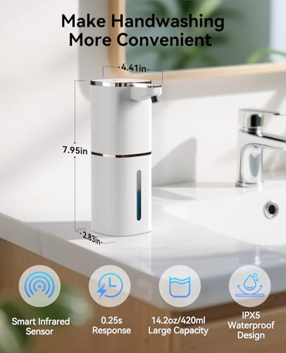 Luxspire 420ml Automatic Foaming Soap Dispenser for Bathroom, White | Touchless foam soap dispenser, IPX5 waterproof, 9 foam levels, LED power display fits hand soap dish wash body wash - color: White