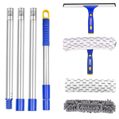 Window Squeegee with 75" Extension Pole, ITTAR Rubber Water Wiper for Glass | Durable Stainless Steel Rod, Rotatable Head for Window Edge, Chenille & Microfiber Pad, Squeegee for Variety Cleaning Needs - color: Blue&white-4