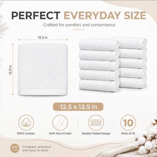 Ameri-Homes Cotton Washcloths Pack of 10, 100% Ring Spun Cotton Face Towels | Highly Absorbent 100% Ring Spun Cotton, 488 GSM Quick-Dry, 12.5 x 12.5 In, White Wash Cloths for Bath Gym Spa - color: White