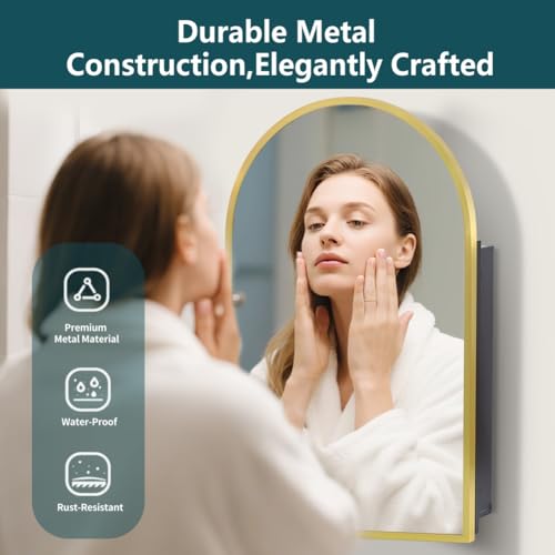 Movo Arched Gold Medicine Cabinet with Mirror 20 x31 Inch | Metal Framed Bathroom Mirror Medicine Cabinet Wall Mounted,Recessed Medicine Cabinets for Bathroom with 2 Removable Shelves - size: 20"W x 31"H x 5"D-Gold