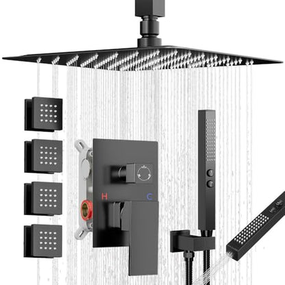 Shower Faucets Sets Shower System with Body Jets, Bostingner 10" Rain Shower Head with 2 In 1 Handheld Spray and 4 Jets, Ceiling Mount All Metal 3 Way Shower Set with Valve and Trim Kit, Matte Black - color: Matte Black, size: 10 Inch