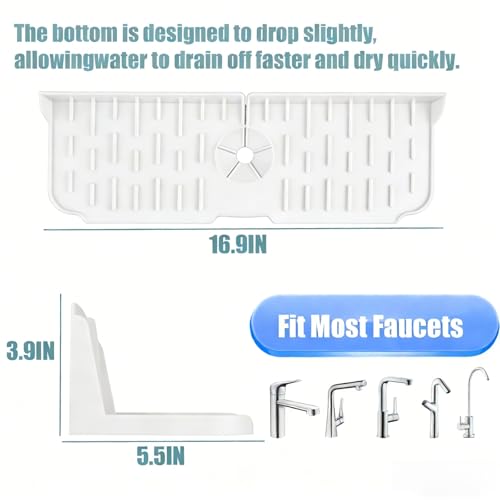 Sink Splash Guard Behind Faucet, 17" x 5.5" Silicone Faucet Drying Mat & Dish Sponge Holder, Fast Self-Draining Kitchen Sink Organizer with Adjustable Fit (White) - color: White