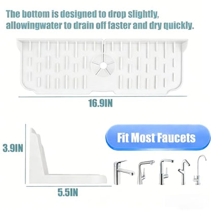 Sink Splash Guard Behind Faucet, 17" x 5.5" Silicone Faucet Drying Mat & Dish Sponge Holder, Fast Self-Draining Kitchen Sink Organizer with Adjustable Fit (White) - color: White