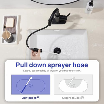 Bathroom Faucet with Sprayer, Matte Black Single Hole with Pop-Up Drain | Kablle Single Handle Pull Out 1 or 3 Hole Laundry Bar Basin Faucet with Deck Plate, KBL-7002B-CL - color: Matte Black