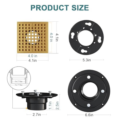 4" Square Shower Drain Kit, Champagne Bronze | ABS Flange & Hair Catcher, Low Profile Floor Drain, 304 Stainless Steel, Fits 2"/3" Pipes - color: Champagne Bronze