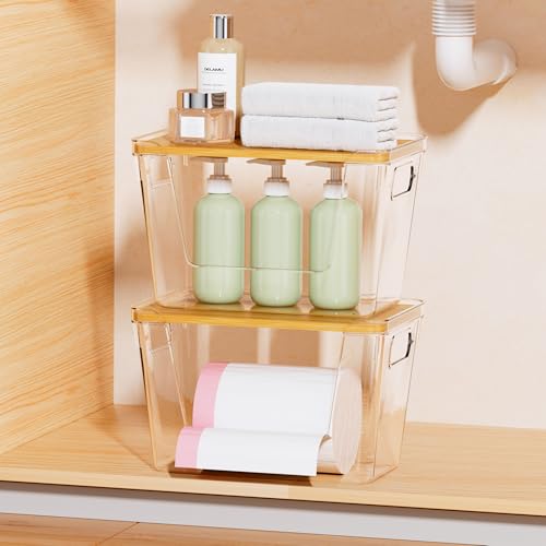 Delamu 2 Pack Trash Bag Dispenser, Stackable Garbage Bag Holder | Clear Acrylic Organizer Bins for Under Sink Organization, Pantry Storage, Cabinet, Kitchen, Laundry, Bathroom - size: XL-2 Pack