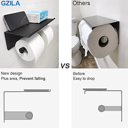 GZILA Double Toilet Paper Holder with Shelf Matte Black Wall Mounted, Dual Large Rolls Tissue Holder Multipurpose TP Dispenser, SUS 304 Stainless Steel - color: Matte Black