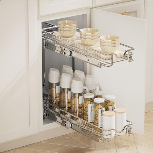 DINDON Pull Out Cabinet Organizer (7-1/2" W x 21-1/2"D), Cabinet Pull Out Shelves, 2 Tier Pull Out Drawers for Kitchen Cabinets, Wire Basket Slide Out Shelf for Cabinet Organization - size: 7-1/2" W X 21-1/2" D