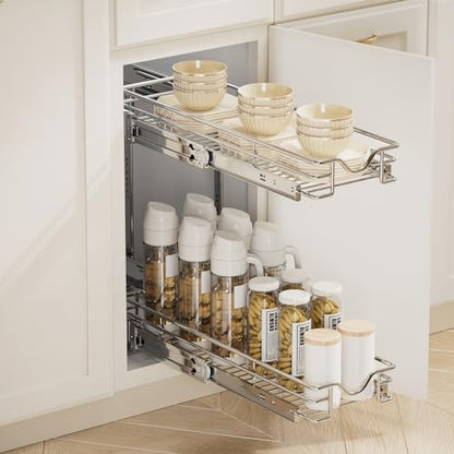 DINDON Pull Out Cabinet Organizer (7-1/2" W x 21-1/2"D), Cabinet Pull Out Shelves, 2 Tier Pull Out Drawers for Kitchen Cabinets, Wire Basket Slide Out Shelf for Cabinet Organization - size: 7-1/2" W X 21-1/2" D
