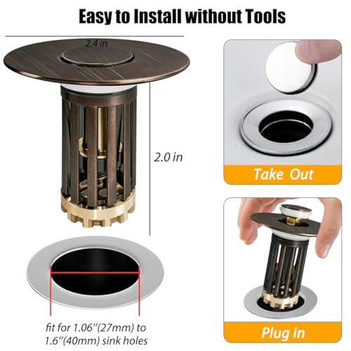 Anlige 3 in 1 Pop Up Bathroom Sink Stopper, Bathroom Sink Drain Strainer, with Removable Basket Hair Catcher, Universal Sink Plug Cover for 1.06 in to 1.6 in Drain, Oil Rubbed Bronze - color: Oil Rubbed Bronze