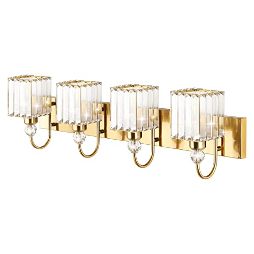 Ralbay Crystal Gold Bathroom Vanity Lights 4-Lights Vanity Lights Over Mirror Modern Crystal Gold Bathroom Wall Lighting Fixtures - color: Square-Gold, size: 4-light