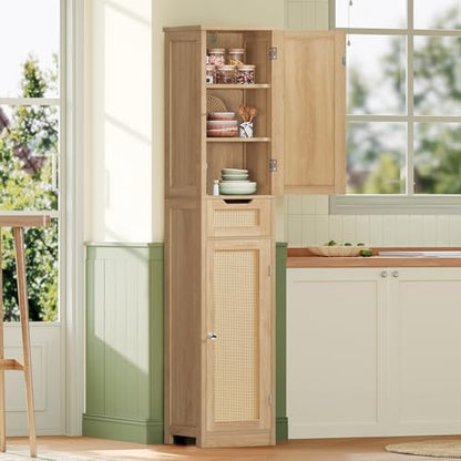 Iwell Tall Bathroom Cabinet, Slim Narrow Storage Cabinet with Adjustable Shelves, Rattan Cabinets with 1 Drawer, for Bathroom, Living Room, Entryway, Kitchen, Nature - color: Natural,1drawer