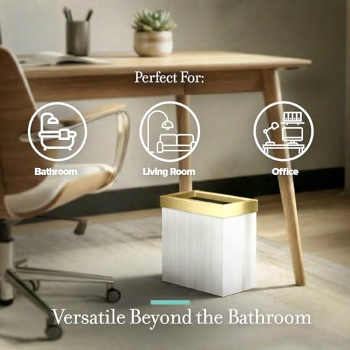 Gatco Modern Rectangle Wastebasket, White Oak/Brushed Brass Lid - Stainless Steel Trash Can with Removable Lid, Leakproof, 3 Gallon Capacity for Bathroom, Bedroom, Kitchen, or Office - color: White Oak / Brushed Brass Lid