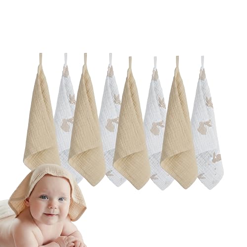 Muslin Baby Washcloths for Newborns, Pack of 8, 11"x11", Super Soft Cotton, Absorbent and Gentle, Baby Cotton Wipes, Baby wash Cloths - color: Beige and Rabbit