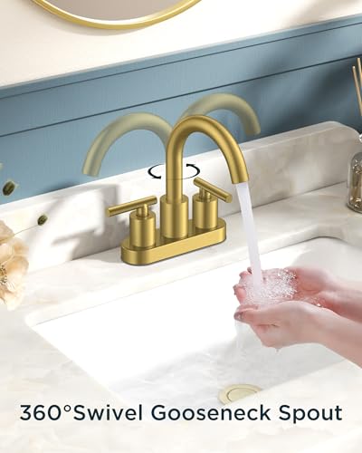 FORIOUS Brushed Gold Bathroom Faucet Centerset 4 Inch, Gold Vanity Faucet | Commercial Gold Faucet Bathroom 4 Inch, Gold Faucets for Bathroom Vanity wtih Dain, Hose, High Arc Swivel Spout, Hospitality - color: Brushed Gold, style: Classic
