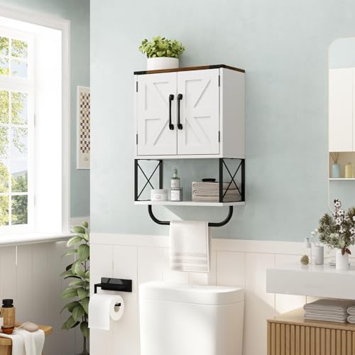 RUSTOWN Farmhouse Rustic Medicine Cabinet with Two Barn Door,Wood Wall Mounted Storage Cabinet w/Dark Brown Top & Adjustable Shelf and Towel Bar, 3-Tier Cabinet for Bathroom(White) | Dark Brown Top, Adjustable Shelf, Towel Bar, 3-Tier Rustic Wood Wall Mou