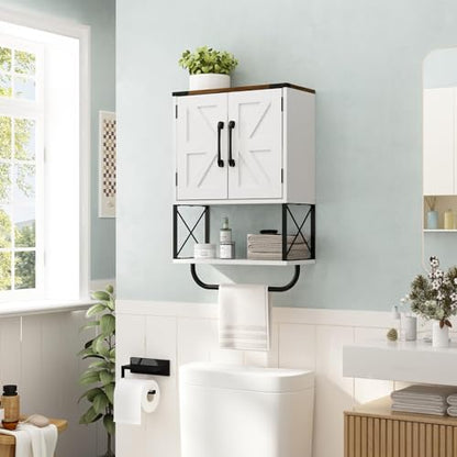 RUSTOWN Farmhouse Rustic Medicine Cabinet with Two Barn Door,Wood Wall Mounted Storage Cabinet w/Dark Brown Top & Adjustable Shelf and Towel Bar, 3-Tier Cabinet for Bathroom(White) | Dark Brown Top, Adjustable Shelf, Towel Bar, 3-Tier Rustic Wood Wall Mou